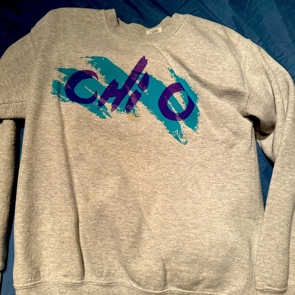 Purple and Blue Graphic ChiOmega sorority grey sweatshirt.Sz small ChiO graphic